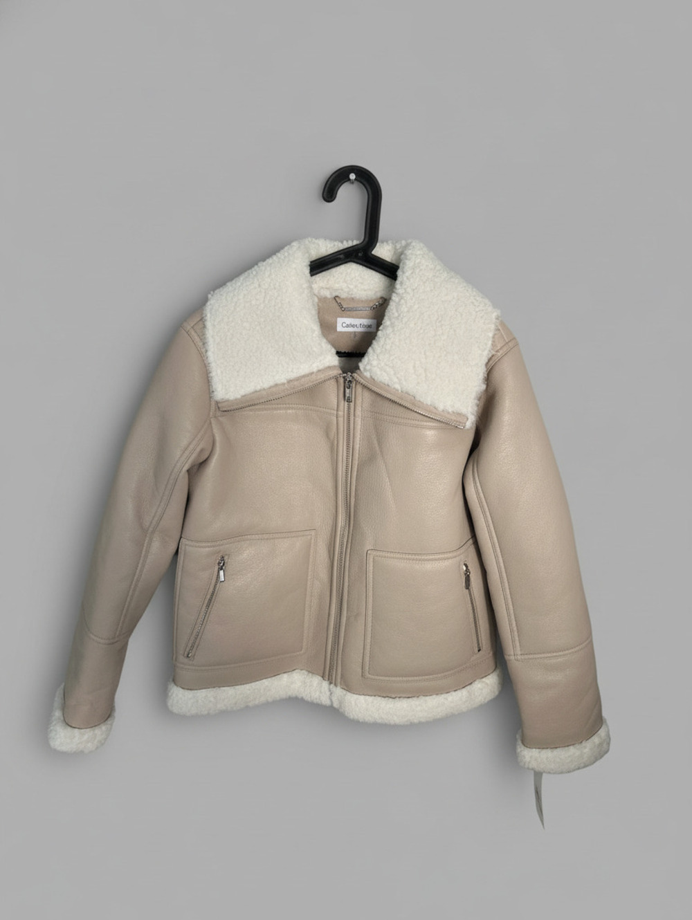 Calvin Klein Faux Shearling Trim Aviator Jacket Beige NWT Y2K 90s Moto Biker